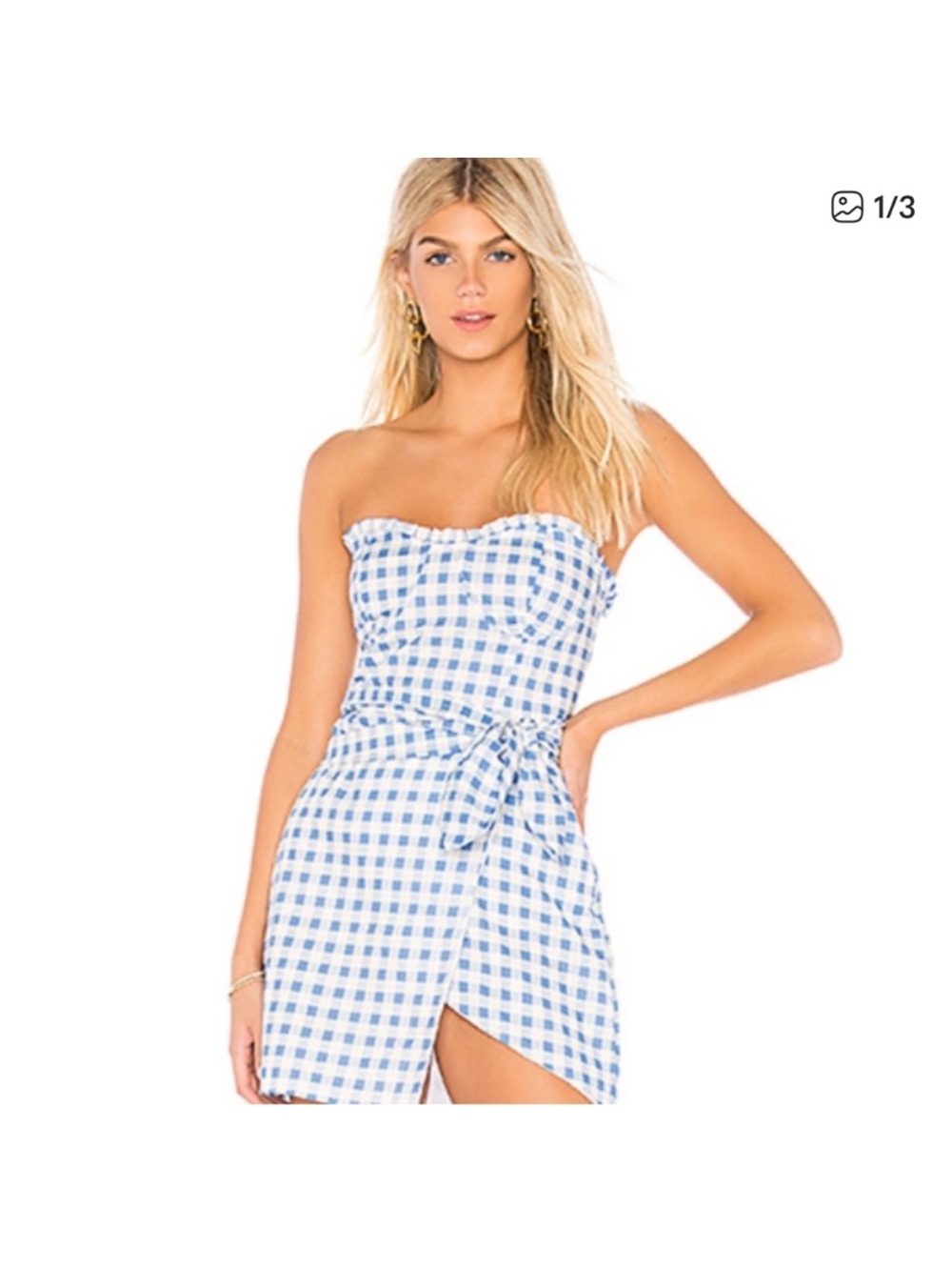 For Love And Lemons Blue and White Gingham Strapless Kids Dress with Waist Tie